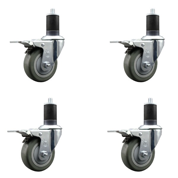 3.5'' SS Gray Poly Swivel 1-5/8'' Expanding Stem Caster Set Total Lock Brake, 4PK